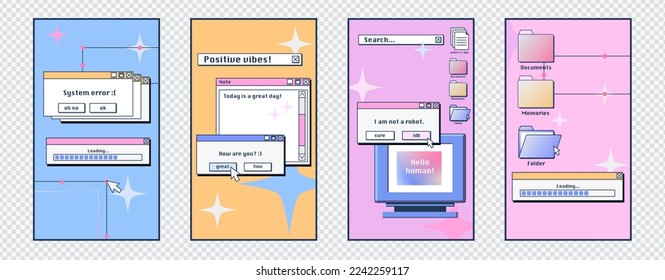 Plantilla de afiches de medios sociales con interfaz de computadora de escritorio retro con marcos de mensajes, barras de carga, botones y carpetas. Diseños de pantalla de pc antiguos, conjunto de dibujos animados vectoriales