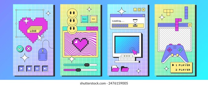 Social media posters template with retro desktop computer interface with buttons, folders, game console, loading bar, message frames. Old pc screen with browser window, stickers in y2k vaporwave style