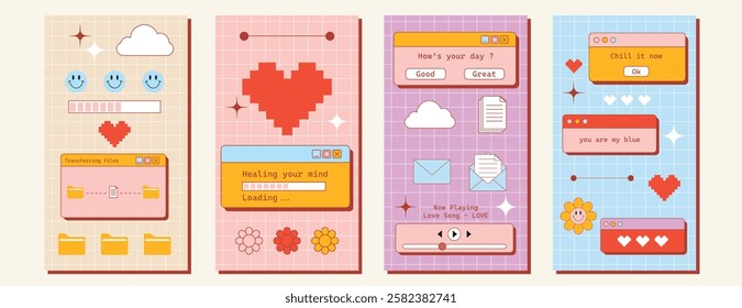 Social media posters template with y2k retro desktop computer. elements set of pop-up windows and screens with playful messages and nostalgic elements like stars, hearts and smile faces