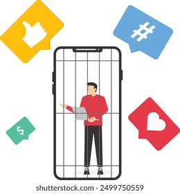Publicación en redes sociales para aumentar la popularidad, mensajes de texto, notificaciones salen volando de la pantalla, comunicación y conversación, concepto de diseño de Ilustración vectorial en estilo plano

