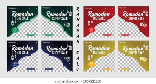 social media post.ramadan big sale and super sale with green,red,blue and yellow color