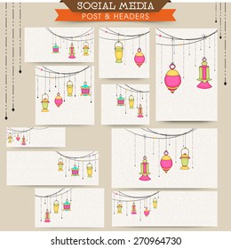 Social media posts, ads, headers or banners with colorful arabic lamps or lanterns for holy month of muslim community, Ramadan Kareem celebration.