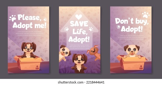 Social media posts with animal adoption promotion. Adopt Flyers with funny dogs in cardboard boxes. Help homeless animals find home. Vector cartoon templates with cute abandoned puppies in doghouse