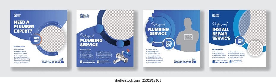 Social media posts banner ads template set for Plumbing and maintenance service promotional advertisement layout for website banner ads design, social media promo ads bundle, business marketing posts