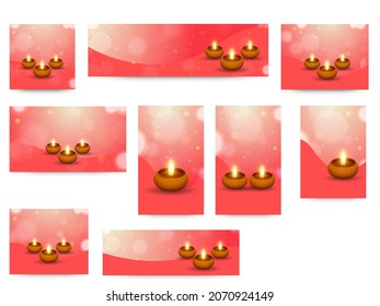 Social Media Posts And Banner Set With Illuminated Oil Lamps (Diya) On Peach Bokeh Background.