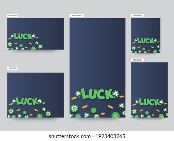 Social Media Posts Collection With Luck Text, Paper Shamrock Leaves And Golden Coins On Blue Background.
