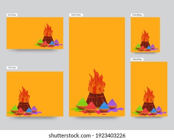 Social Media Posts Collection With Powder (Gulal) In Bowls And Bonfire Illustration On Yellow Background.