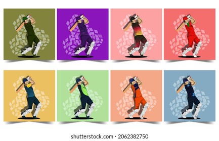 Social Media Posts With Different Countries Cricket Batter Player And Rhombus Pattern In Eight Color Options.