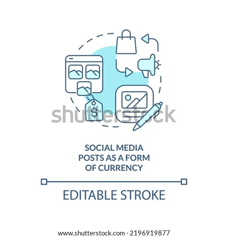 Social media posts as form of currency turquoise concept icon. Social media trend abstract idea thin line illustration. Isolated outline drawing. Editable stroke. Arial, Myriad Pro-Bold fonts used