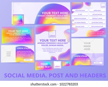 Social media posts, header, banner with retro pattern and logo template. Cover design for social networks. Universal Advertising template banner with vibrant gradients. Vector iilustration. EPS 10 	
