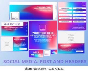 Social media posts, header, banner with retro pattern and logo template. Cover design for social networks. Universal Advertising template banner with vibrant gradients. Vector iilustration. EPS 10 	
