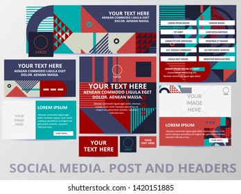 Social media posts, header, banner with retro pattern and logo template. Cover design for social networks. Universal Advertising template banner in bauhaus style. Vector iilustration. EPS 10 