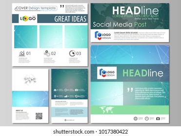 Social media posts set. Abstract flat design template, vector layouts in popular formats. Chemistry pattern, connecting lines and dots, molecule structure, medical DNA research. Medicine concept.