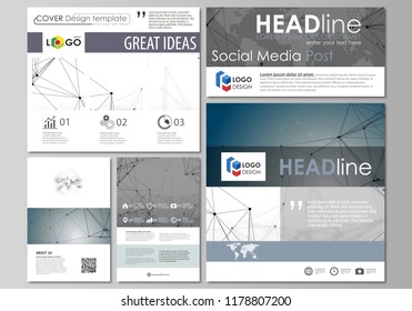 Social media posts set. Abstract flat design templates, vector layouts in popular formats. DNA and neurons molecule structure. Medicine, science, technology concept. Scalable graphic.