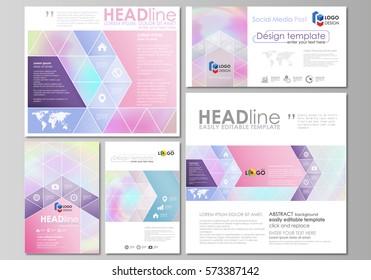 Social media posts set. Abstract design business templates, vector layouts in popular formats. Hologram, background in pastel colors, holographic effect. Blurred colorful pattern, futuristic texture