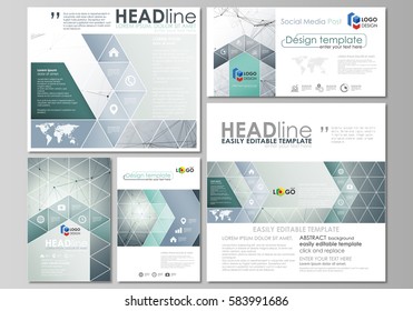 Social media posts set. Abstract design templates, vector layouts in popular formats. Genetic and chemical compounds. Atom, DNA and neurons. Medicine, chemistry, science concept. Geometric background