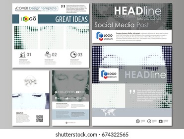 Social media posts set. Abstract design templates, vector layouts in popular formats. Halftone dotted background, retro style grungy pattern, vintage texture. Halftone effect with black dots on white.
