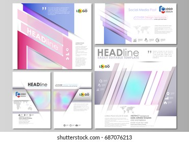 Social media posts set. Abstract design business templates, vector layouts in popular formats. Hologram, background in pastel colors, holographic effect. Blurred colorful pattern, futuristic texture.