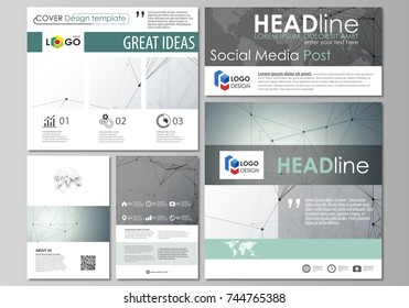 Social media posts set. Abstract design templates, vector layouts in popular formats. Genetic and chemical compounds. Atom, DNA and neurons. Medicine, chemistry, science concept. Geometric background.
