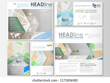 Social media posts set. Business templates. Easy editable layouts in popular formats. City map with streets. Flat design template for tourism businesses, abstract vector illustration.