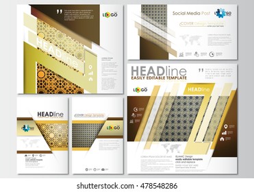 Social media posts set. Business templates. Cover design template, flat layouts in popular formats. Islamic gold pattern, overlapping geometric shapes forming abstract ornament. Vector golden texture.