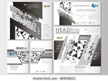 Social media posts set. Business templates. Cover template, easy editable, flat layouts in popular formats. Abstract triangle background, modern gray color polygonal vector.