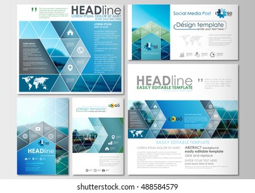Social media posts set. Business templates. Cover design, abstract flat style travel decoration layouts in popular formats, easy editable vector template, colorful blurred natural landscape.