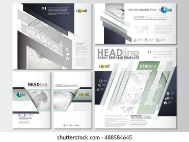 Social media posts set. Business templates. Cover design template, easy editable, flat layouts in popular formats. Dotted world globe with abstract construction, polygonal molecules on gray background