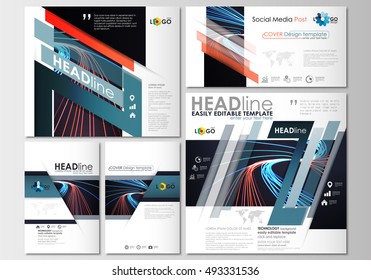 Social media posts set. Business templates. Cover template, easy editable, flat layouts in popular formats. Abstract lines background with color glowing neon streams, motion design vector.