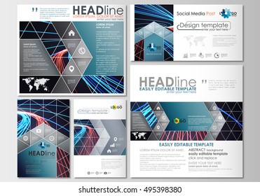 Social media posts set. Business templates. Cover template, easy editable, flat layouts in popular formats. Abstract lines background with color glowing neon streams, motion design vector.