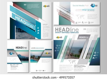 Social media posts set. Business templates. Cover design, abstract flat style travel decoration layouts in popular formats, easy editable vector template, colorful blurred natural landscape.