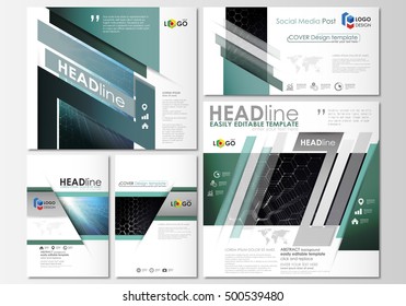 Social media posts set. Business templates. Cover design template, easy editable layouts in popular formats. Chemistry pattern, hexagonal molecule structure. Medicine, science and technology concept.