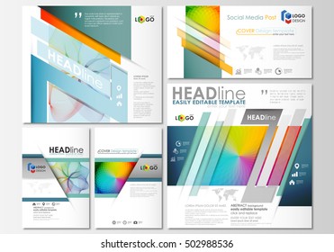 Social media posts set. Business templates. Cover template, easy editable flat layout in popular formats, vector illustration. Colorful design background with abstract shapes and waves, overlap effect