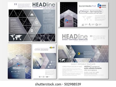 Social media posts set. Business templates. Cover design template, easy editable layouts in popular formats. Chemistry pattern, hexagonal molecule structure. Medicine, science and technology concept.
