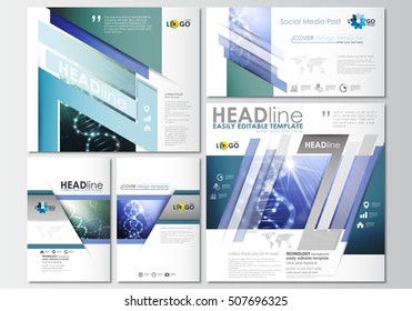 Social media posts set. Business templates. Cover design template, easy editable flat layouts in popular formats. DNA molecule structure, science background. Scientific research, medical technology.