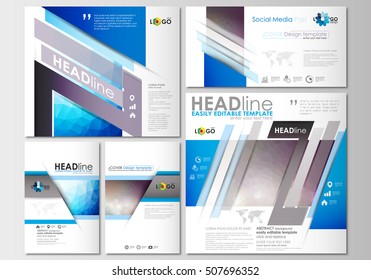 Social media posts set. Business templates. Cover template, easy editable, flat layouts in popular formats. Abstract triangles, blue triangular background, modern colorful polygonal vector.