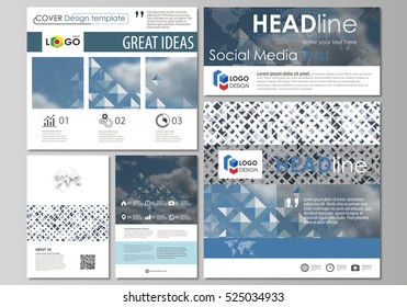 Social media posts set. Business templates. Flat style template, vector layouts in popular formats. Blue color pattern with rhombuses, abstract design geometrical background. Simple modern texture