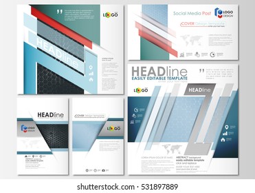 Social media posts set. Business templates. Cover design template, easy editable layouts in popular formats. Chemistry pattern, hexagonal molecule structure. Medicine, science and technology concept