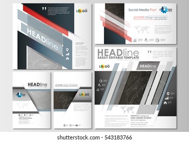 Social media posts set. Business templates. Cover design template, abstract layouts in popular formats. Abstract 3D construction, polygonal molecules on gray background, scientific technology vector.