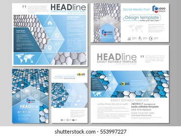 Social media posts set. Business templates. Easy editable flat design template, vector layouts in popular formats. Blue and gray color hexagons in perspective. Abstract polygonal style background.