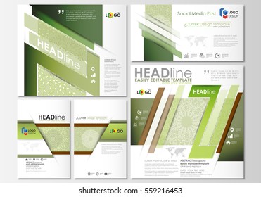 Social media posts set. Business templates. Flat design template, abstract layouts. Green color background with leaves. Spa concept in linear style. Vector decoration for beauty industry.