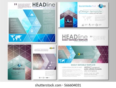 Social media posts set. Business templates. Cover design template, easy editable, flat layouts in popular formats. Abstract triangles, blue triangular background, modern colorful polygonal vector.