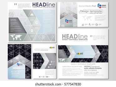Social media posts set. Business templates. Easy editable flat style template, layouts. High tech design, connecting system. Science and technology concept. Futuristic abstract vector background