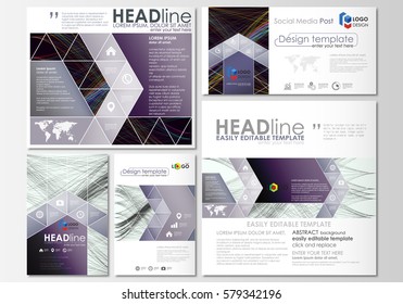 Social media posts set. Business templates. Cover template, easy editable flat layout in popular formats, vector illustration. Abstract waves, lines and curves. Dark color background. Motion design.