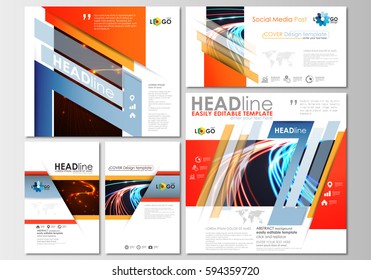 Social media posts set. Business templates. Cover template, easy editable, flat layouts in popular formats. Abstract lines background with color glowing neon streams, motion design vector