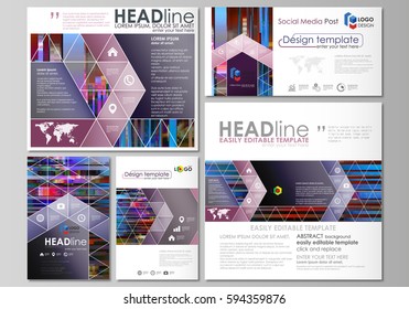 Social media posts set. Business templates. Abstract design vector layouts. Glitched background made of colorful pixel mosaic. Digital decay, signal error, television fail. Trendy glitch backdrop