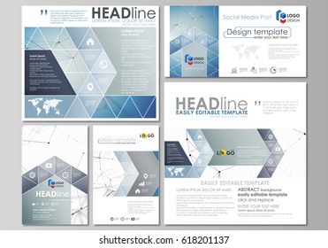 Social media posts set. Business templates. Abstract design template, vector layouts in popular formats. Geometric blue color background, molecule structure, science concept. Connected lines and dots