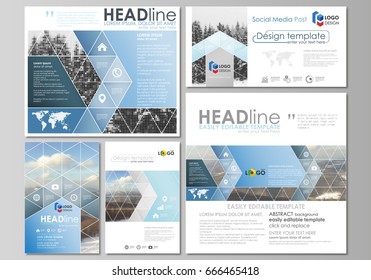 Social media posts set. Business templates. Easy editable flat design template, vector layouts in popular formats. Abstract landscape of nature. Dark color pattern in vintage style, mosaic texture