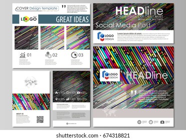 Social media posts set. Business templates. Vector design template, layouts in popular formats. Colorful background made of stripes. Abstract tubes and dots. Glowing multicolored texture.