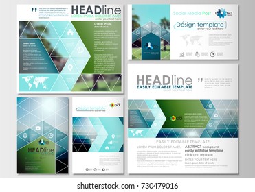 Social media posts set. Business templates. Cover design, abstract flat style travel decoration layouts in popular formats, easy editable vector template, colorful blurred natural landscape